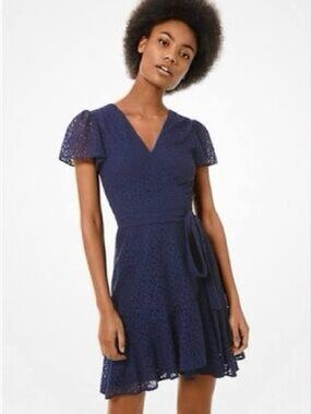 MICHAEL KORS Navy Eyelet Wrap Dress with Self Tie (S)